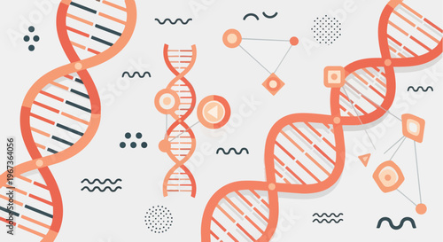 Abstract DNA double helix strands illustration with geometric patterns, representing genetics, biology, scientific research, and medical innovation.