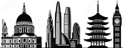 Global City Skyline Silhouette Set with Historic Cathedral Modern Skyscrapers Traditional Oriental Pagoda and Iconic Big Ben Clock Tower for International Travel and Tourism Design