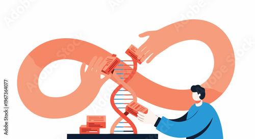 Genetic research and biotechnology innovation. Hands forming infinity symbol around DNA helix, symbolizing continuous scientific discovery and future potential.
