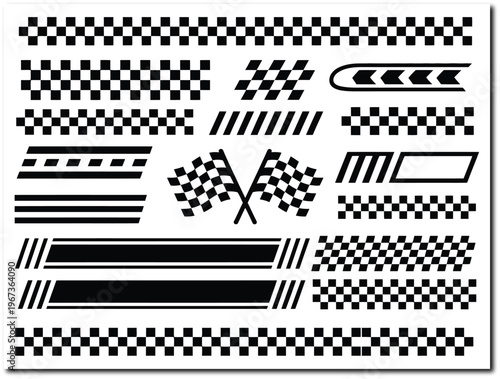 Race car stripe illustration set, vector designs with checkered flags and speed lines for motorsport graphics, decals, and automotive branding.