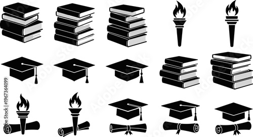 High quality education vector icons set featuring graduation caps mortarboards stacks of books flaming torches and diploma scrolls in black silhouette style for academic design projects.