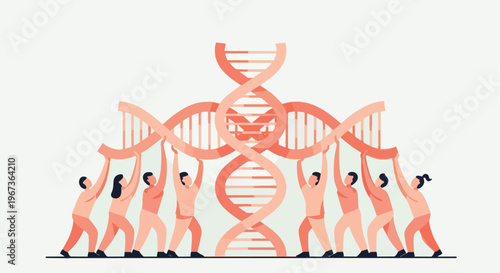 Collaborative genetic research. Diverse team supporting a large DNA helix, symbolizing shared scientific progress, innovation, and biotechnology development.