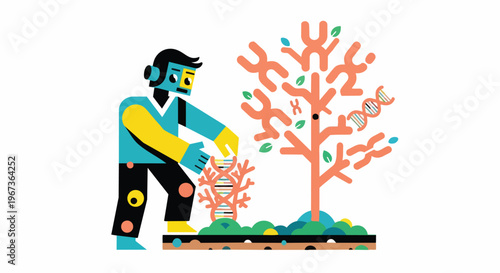 Genetic engineering scientist plants DNA helix in a tree, symbolizing biotechnology and scientific research in a stylized illustration.