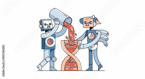 Robots creating DNA helix, symbolizing genetic engineering, biotechnology, and scientific research in a modern lab