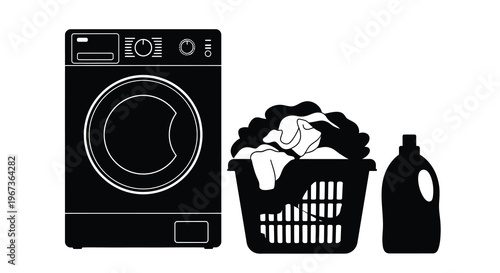 Washing machine laundry basket and detergent in black silhouette