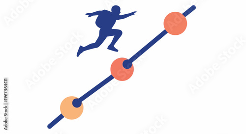 Silhouette of a person with a backpack leaping over a line graph with orange nodes, symbolizing progress and overcoming challenges.