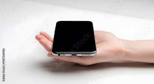 Hand Holding Smartphone with Black Screen in Modern Setting.