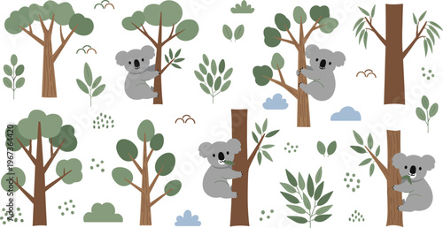 Cute koala in eucalyptus trees collection with wildlife animals forest nature leaves and cartoon illustration set