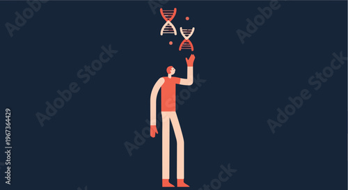 Abstract illustration of a person reaching up towards DNA helix symbols, representing genetic research, science, and discovery