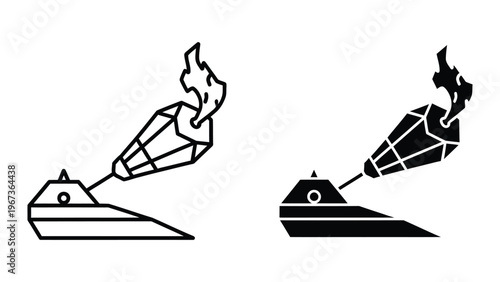 Torches mounted on vintage racing boats with flames burning brightly