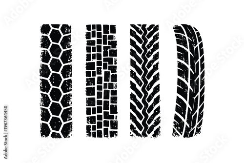 Four distinct tire tread patterns displayed in a black and white contrast format Vector