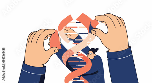 Hands holding a DNA helix, symbolizing genetic research, biotechnology, and scientific discovery in a modern illustration.