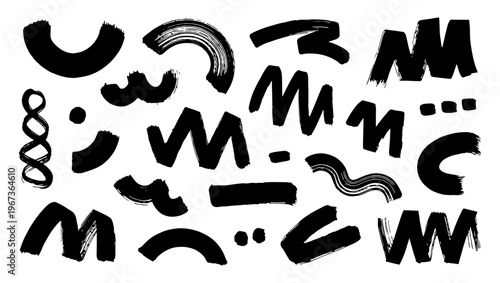 Hand drawn black ink brush strokes, abstract artistic paint smears and textures, set of expressive grunge vector elements for graphic design