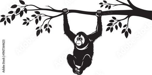 Black and white gorilla hanging from tree branch with leaves
