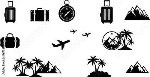Black Travel Icon Set with Suitcases Airplanes Compass Mountains and Palm Trees for Vacation Planning Summer Tourism Adventure Graphics and Global Trip Destinations