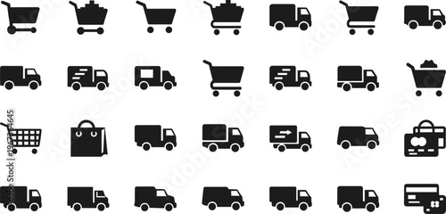 Comprehensive E-commerce Vector Icon Set Featuring Shopping Carts Delivery Trucks Shipping Vans Shopping Bags and Credit Cards for Retail Business and Online Marketing Design