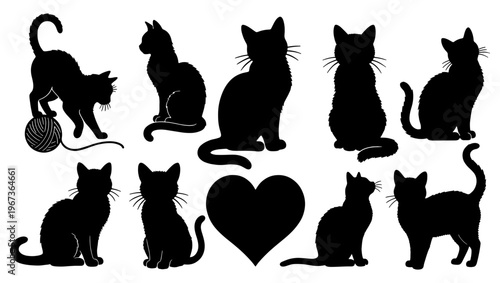 Black cat silhouettes collection, set of 9 feline animal shapes and heart icon, domestic kitten vector graphics for pet shop branding