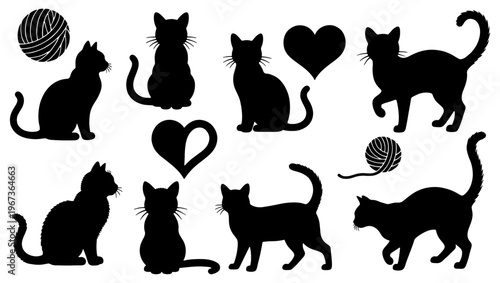 Black cat silhouettes collection, set of 8 feline vector shapes with hearts and yarn balls, domestic kitten profile icons for pet lovers and animal branding