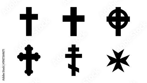 Religious Christian cross icons set, 6 black vector silhouettes of crucifix symbols, traditional Celtic and Orthodox cross elements for graphic design