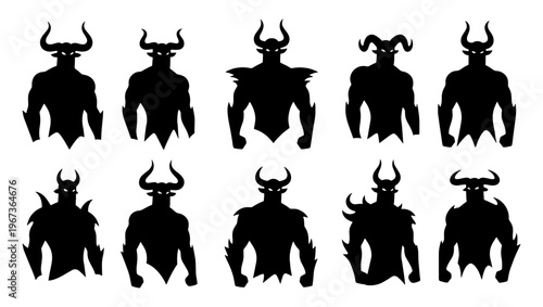 Demonic warrior silhouettes with horns, set of 10 dark fantasy monster icons, black evil creature character vectors for gaming and horror design
