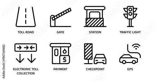 Highway toll icons illustration, editable stroke set with station gate traffic light and electronic toll collection payment checkpoint for web applications.