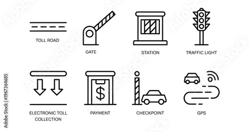 Toll road icons illustration set, editable stroke highway symbols including station gate traffic light and electronic payment checkpoint for apps.