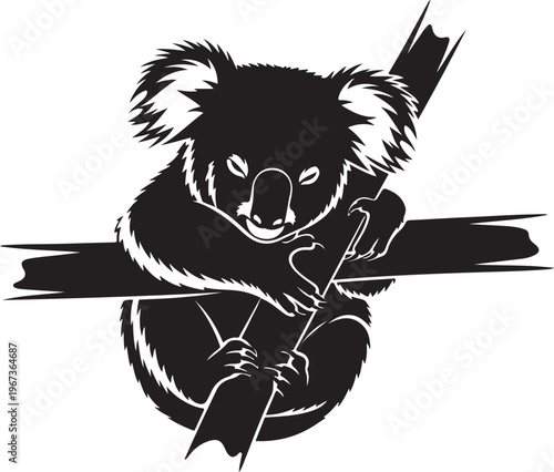 Black and white koala hanging on branch monochrome