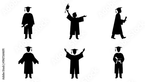 Graduation silhouette vector set of 6 students, academic ceremony figures in caps and gowns, university graduates with diplomas and mortarboards