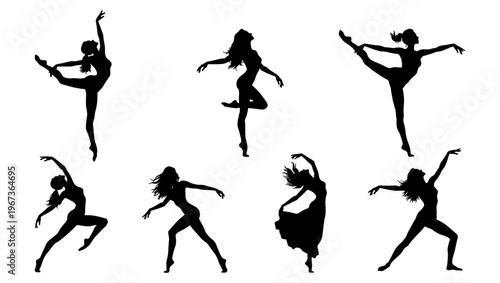 Graceful ballet dancer silhouettes set, 7 elegant female dancing figures in motion, black vector silhouettes of contemporary dancers