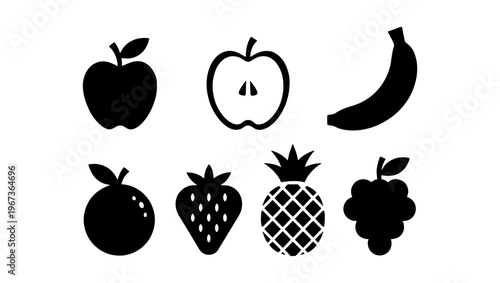 Minimalist fruit icon set, black silhouette of 7 healthy food elements, flat vector illustrations of apple, banana, strawberry, and grapes