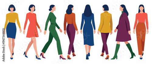 Collection of women in elegant outfits walking from various angles.