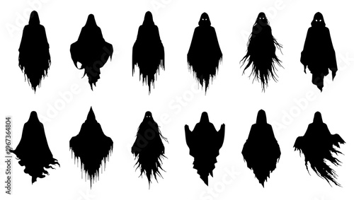 Spooky ghost silhouettes set, 12 creepy phantom vector elements, dark hooded spirits and grim reaper icons for Halloween design