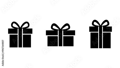 Minimalist gift box icon set, black silhouette present symbols with ribbons. Collection of 3 vector gift boxes for holiday celebrations and e-commerce.