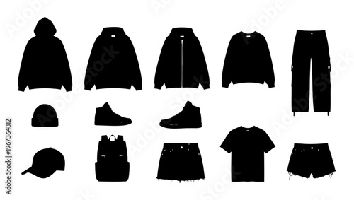 Streetwear clothing silhouette collection, 13 apparel vector icons, urban fashion garment set with hoodie, t-shirt, sneakers, and accessories for techpack design