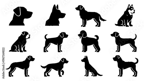 Minimalist dog breed silhouette collection, 12 black canine vector icons, flat pet profile graphics for veterinary and animal care branding