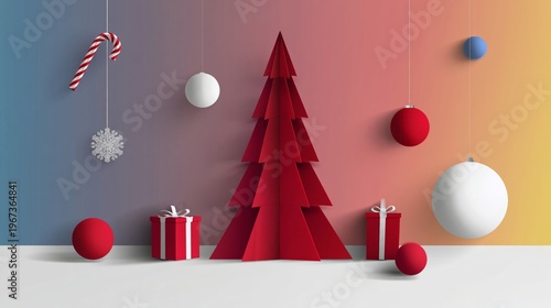 Decorative Christmas Setup With a Paper Tree, Ornaments, and Gifts in Colorfu...