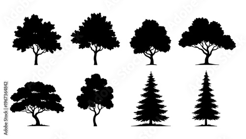 Black tree silhouettes collection, set of 8 deciduous and coniferous tree icons, forest plant vector elements for landscape design and mapping