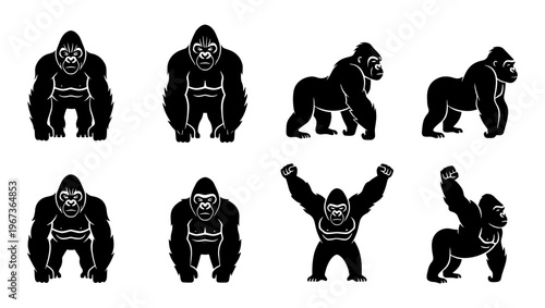 Gorilla silhouette vector icons set, powerful silverback ape mascot collection, black primate animal silhouettes in various poses