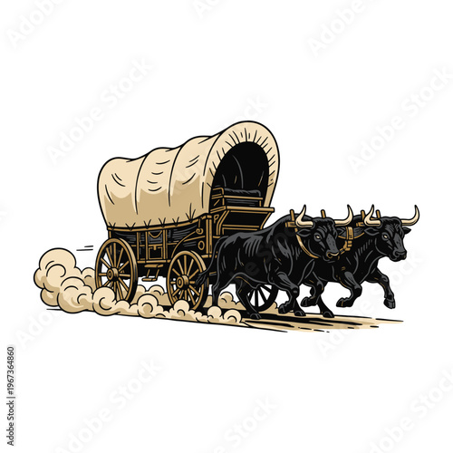Historical covered wagon pulled by a team of black oxen in a vintage style vector illustration.