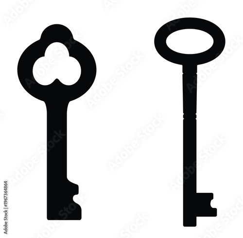 skeleton key with ornate bow and long stem, horizontal, solid black silhouette. Antique key silhouettes. Medieval and modern keys, black vintage shapes set. vector illustration.