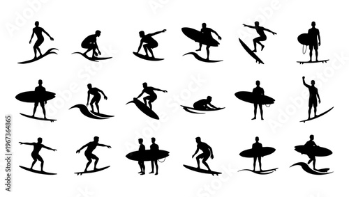 Surfing silhouette collection with 18 vector icons, surfer people riding ocean waves, black surfboard rider figures for summer sports design