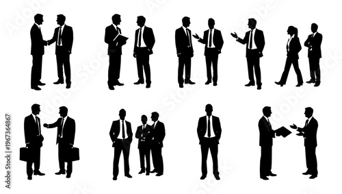 Business people silhouettes set, professional corporate workers in suits, office team meeting and handshake vector collection, black and white figures