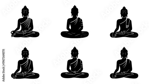 Buddha silhouette collection with 6 vector icons, meditating monk figures in lotus pose, zen spiritual yoga symbols for wellness and mindfulness