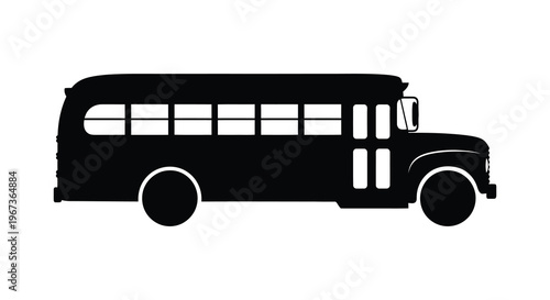 A stark black silhouette of a classic school bus is prominently displayed against a pure white background silhouette high quality professional