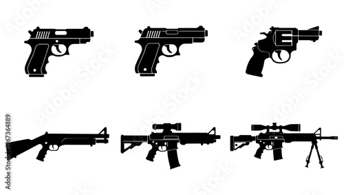 Military weapon silhouette collection, set of 6 firearm icons including pistols and assault rifles, black gun vector graphics for tactical design