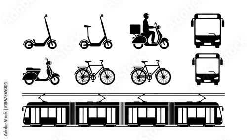 Urban transportation vector icons set, city mobility symbols including electric scooter, bicycle, bus and tram, black silhouette delivery moped and commuter vehicles