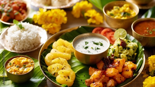 Traditional Indian Meal Set on a Table With Various Dishes and Decorations Du...