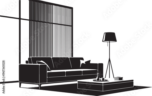 Black and white living room interior with sofa coffee table and lamp