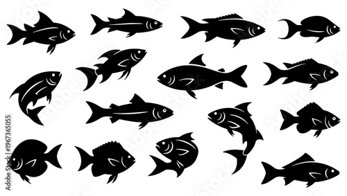Black fish silhouette collection, 14 aquatic animal vector icons, minimalist sea life shapes for fishing logos and marine design