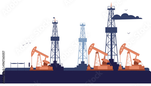 An oil rig vector illustration with pumpjacks and towers on a landscape